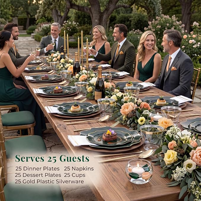 WDF 175Pcs Green Plastic Plates - Green Plates Disposable with Gold Rim - Christmas Plastic Plate - Fancy Disposable Dinnerware Sets 25 Guests Ideal for Party/Wedding/Birthday/2026 FIFA World Cup