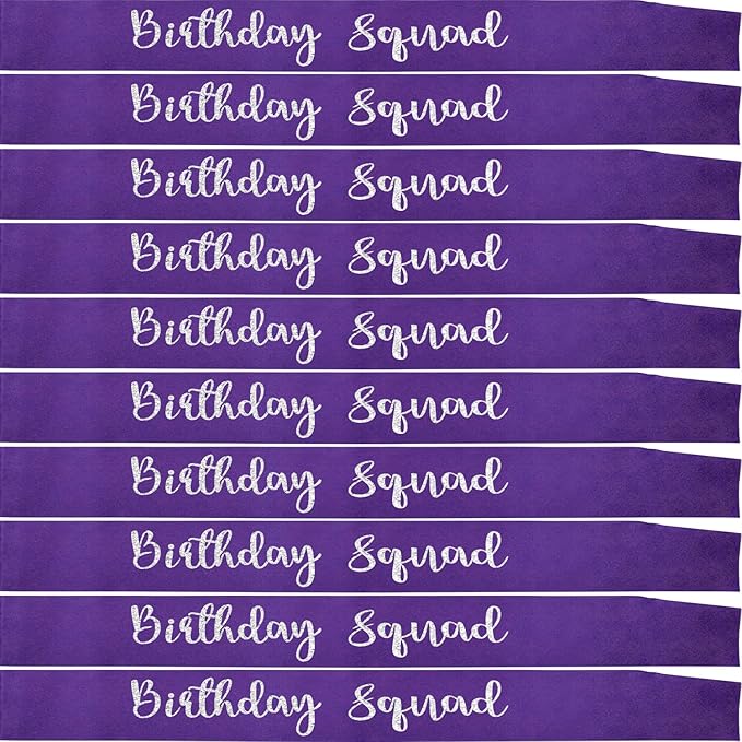 10Pcs Birthday Squad Sash Silver Glitter Purple Satin Sashes Funny Birthday Sashes Birthday Party Supplies Gifts