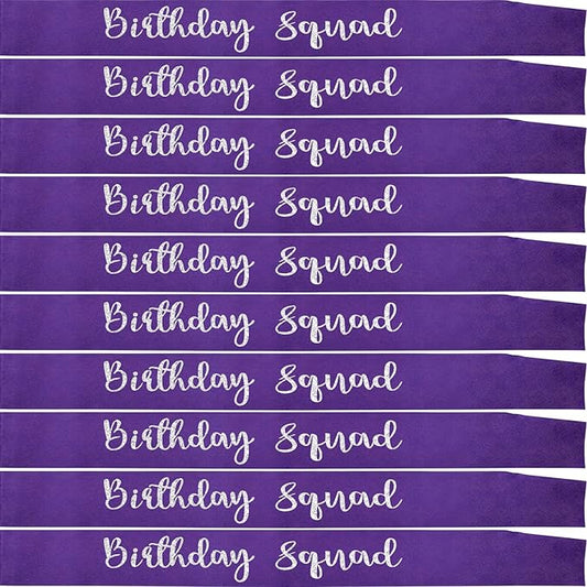 10Pcs Birthday Squad Sash Silver Glitter Purple Satin Sashes Funny Birthday Sashes Birthday Party Supplies Gifts