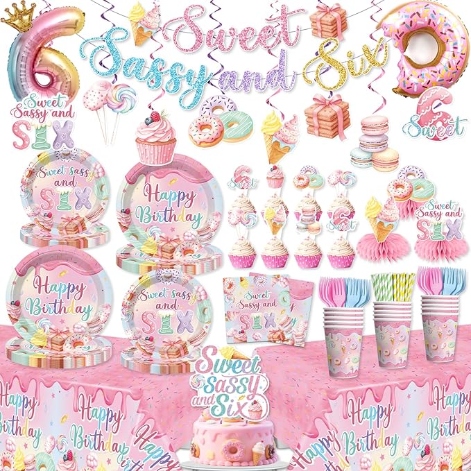 180pcs Sweet Sassy and Six Birthday Decorations with Tableware Set, Banner, Hanging, Tablecloth, Cake Topper, Centerpieces, Balloon, for 6 Year Old Girl Birthday Decorations, Serves 25