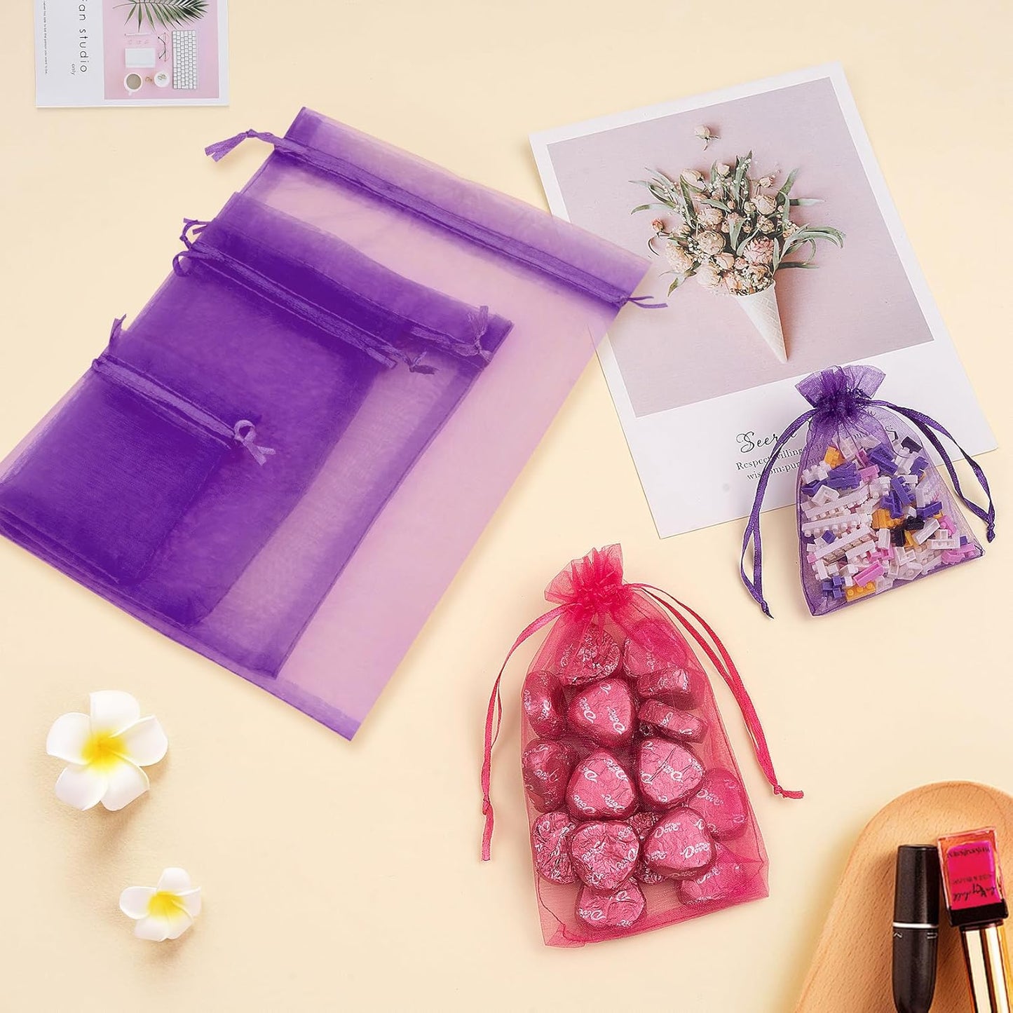 Organza Bags 5x7 In 50 Pcs Premium Organza Gift Bags Sachet Bags Jewelry Bags Drawstring for Halloween Party Favor (Purple)