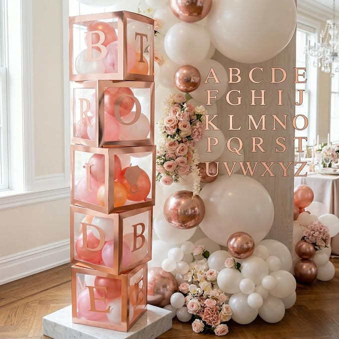 96 PC Bridal Shower Decorations Balloon Boxes Rose Gold - Transparent Block with BRIDE TO BE + GROOM + A - Z Letters and 40 Balloons- Engagement Bachelorette Parties Weddings Centerpieces Photo Booth