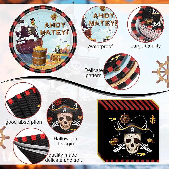 Potchen 452 Pcs Party Supplies Serve 50 Guests, Paper Plates Napkins Cups Cutlery Plastic Tablecloth Dinnerware for Birthday Wedding Party Decoration(Red Black, Pirate)