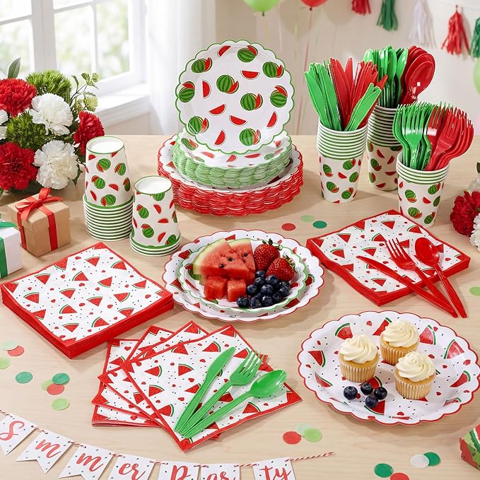 Funnymoom 400 Pcs Watermelon Birthday Party Supplies for 50 Guest Cute Summer Fruit Disposable Plates Napkin Cup Spoon Fork Knives for Outdoor Picnic Birthday Baby Bridal Shower Party Supplies