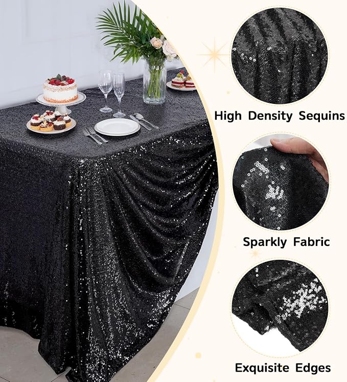Juya Delight 90" x 132" Black Rectangle Sequin Tablecloth for Party Dinner Banquet Festival Wedding Anniversary Exhibition Dessert Table