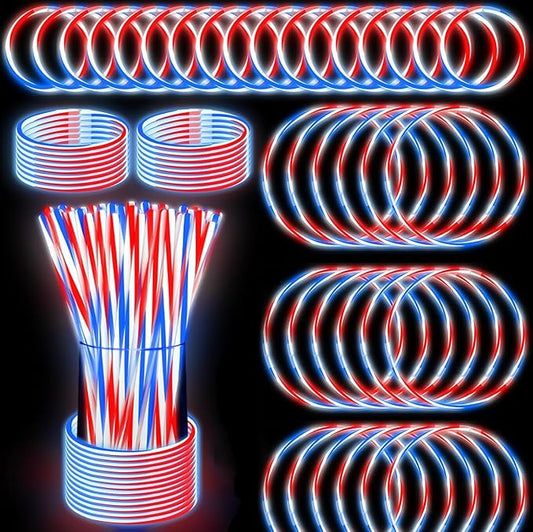 200 PCS 4th of July Glow Sticks Bulk with Connectors,Red White Blue 3 Colors In 1 Glow in The Dark Stick, Light Up Bracelets & Necklaces for Kids & Adults, 250th Anniversary USA Party Favor Supplies