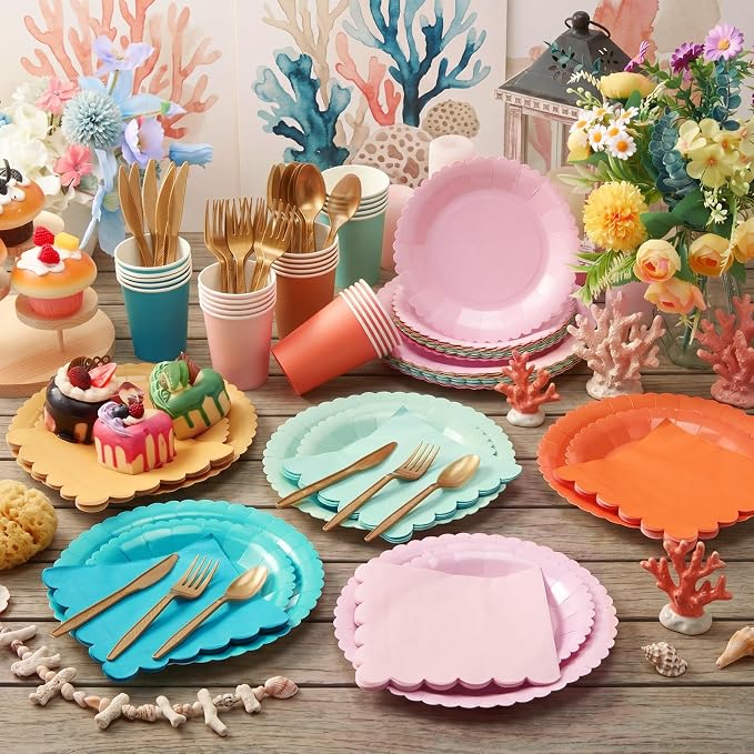 Zhehao 175 Pcs Colorful Coral Party Supplies Rainbow Disposable Tableware with Plates, Cups, Napkins, Cutlery in Coral Tones for Summer Tropical Baby Shower, Birthday, Wedding Party