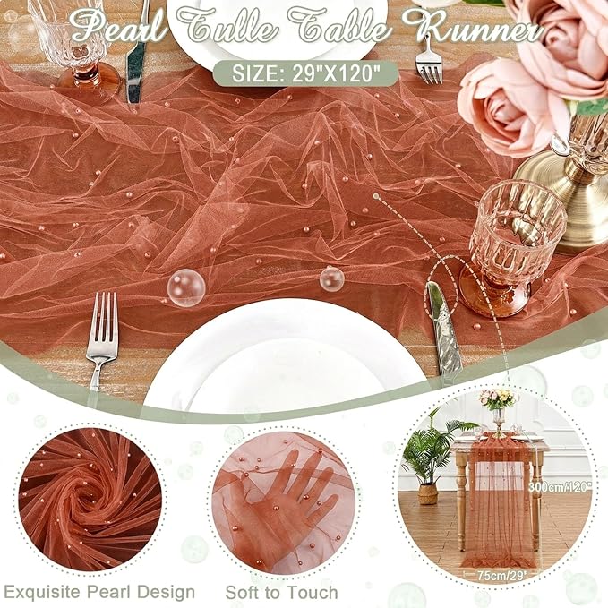 Pearl Gauze Table Runner Tulle Fabric: 10ft Seasonal Dessert Chiffon Pearl Lace Boho Overlay Wedding Veil Outdoor Wedding Aisle Runner Party Decorations Doilies, Terrcotta
