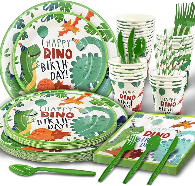 258 pcs Dinosaur Birthday Party Decorations For Boy,20 Tableware Sets,Fringe Curtains,20 Paper Plates, Paper Cups, Green Dinosaur Balloon Arch Kit