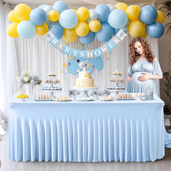 2 Packs Baby Blue Table Clothes for 6 Foot Rectangle Tables, One-Piece Wrinkle Resistant Stretch Spandex Table Covers with Skirt for Event Banquet Wedding Birthday Party