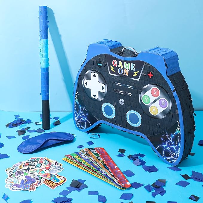 Video Game Piñata - Game Controller Piñata Bundle with Blindfold and Bat for Birthday Gamer Parties, Party Decor, Gaming theme parties (16x12x3 Inches)