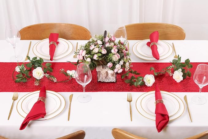 Sequin Table Runners 2 Pieces Red Table Runners 12x72 Inch Glitter Dining Table Cover for Party Wedding Birthday Reception Banquet Decoration Spring Party Chair Sashes
