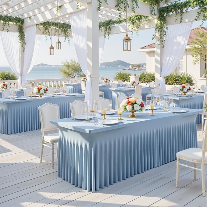 4 Pack Dusty Blue Spandex Fitted Tablecloths for 6 Foot Rectangle Tables, Dusty Blue Stretch Table Cloth with Table Skirt, Wrinkle Free Spandex Table Covers 6ft for Parties, Weddings, Trade Shows
