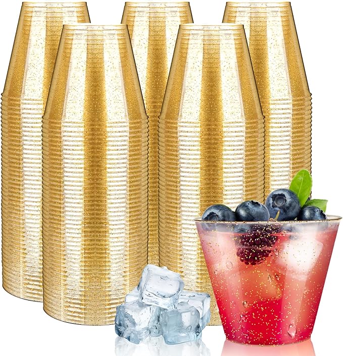 Byvivace [200 Pack] 9oz Plastic Cups with Gold Glitter Sturdy & Food Safe Plastic Wine Glasses Disposable Cups Party Wedding Cups Cocktail Glasses for Wine, Juice & Cold Beverages