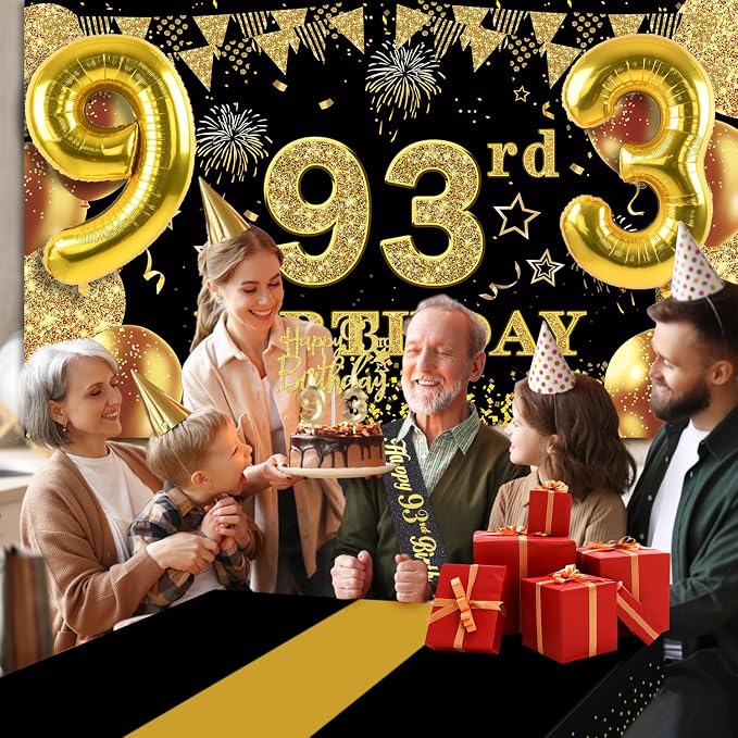 93rd Birthday Decorations Men Women with 93rd Birthday Banner, Black and Gold Table Cloth, Number Balloons, Sash, Cake Topper and Candles