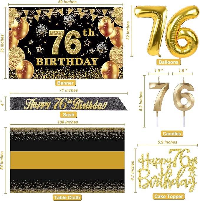 76th Birthday Decorations Men Women with 76th Birthday Banner, Black and Gold Table Cloth, Number Balloons, Sash, Cake Topper and Candles