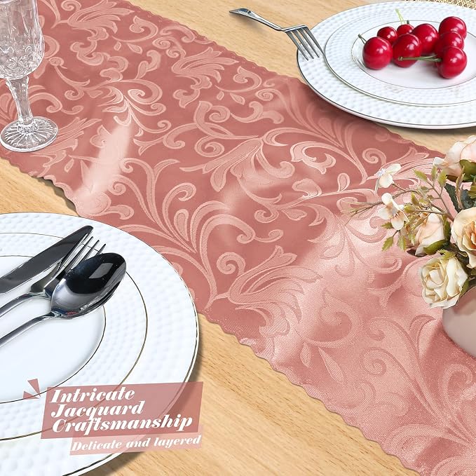 MILVOWOC 12 Pack Rose Gold Satin Table Runner, 12 x 72 Inch Jacquard Damask Table Runner Rectangle Bright Silky Decorative Table Runner for Party Banquet Birthday Dinner Wedding Table Decor