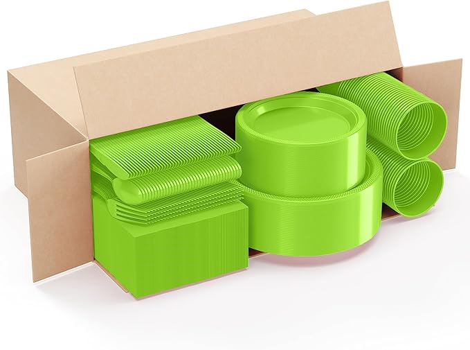 350 Pcs Lime Green Plastic Plates For Party, Lime Green Disposable Plates Set, 50 Of Each 9" Dinner Plate Set, 7" Dessert Plate, Cups, Napkins & Cutlery Plastic Dinnerware Set Exquisite