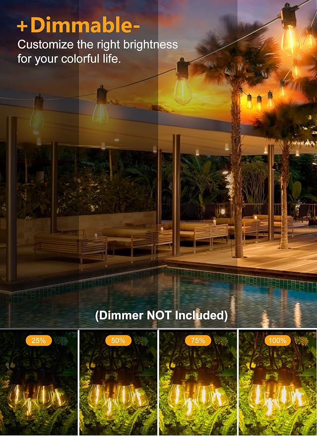 Brightown LED Outdoor String Lights for Patio 100FT with 32 Shatterproof S14 Vintage Edison Bulbs, Waterproof Outside Hanging Lights for Backyard Deck Garden Party Xmas Decor, 2700K
