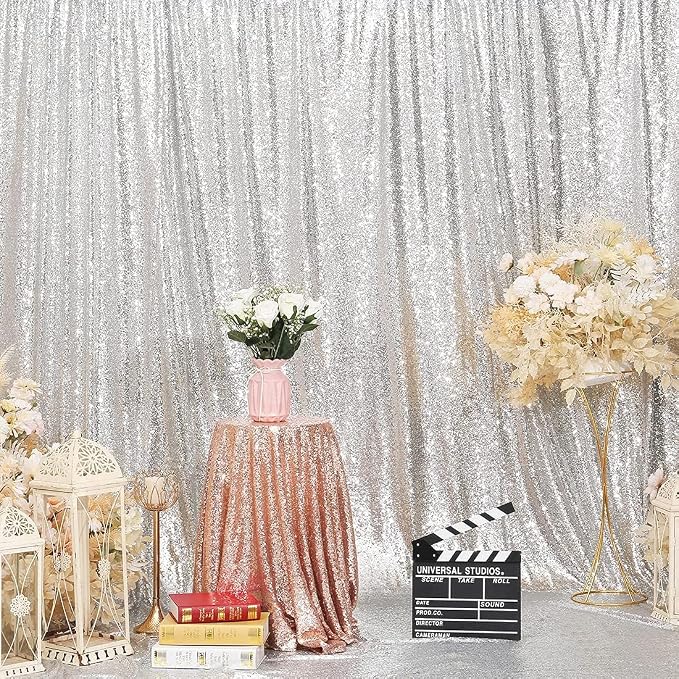 Poise3EHome 6FT x 8FT Silver Sequin Backdrop,Shimmer Backdrop Curtain for Photography Birthday Wedding Ceremony Engagement Baby Shower Bachelorette Christmas Party Decorations