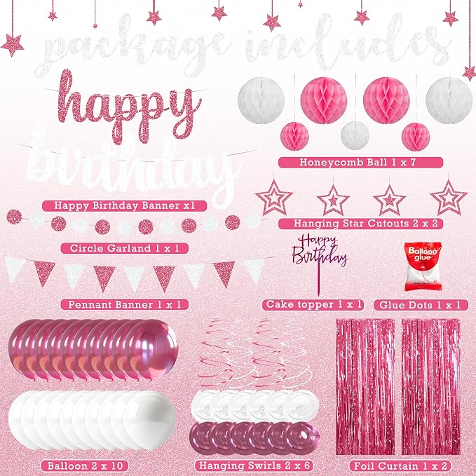 Pink Birthday Party Decorations Set - Pink and White Happy Birthday Banner Balloons Foil Curtains Hanging Swirls for Girls Birthday Party Supplies