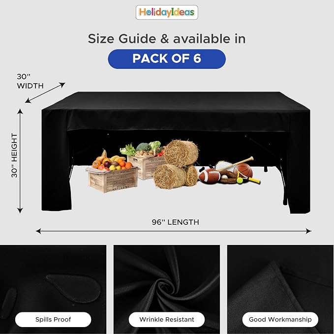 HolidayIdeas 6-Pack 8ft Open Back Fitted Tablecloths for Craft Shows Black | 3-Sided coverage wrinkle resistant tablecloths for vendor booths,banquet events,outdoor pop-up shop