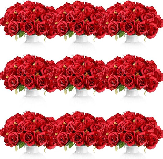 Jexine 120 Pcs Artificial Rose Flowers Bouquet Bulk Silk Realistic Fake Flowers for Wedding Anniversary Bridal Bouquet DIY Floral Arrangement Romantic Home Decor Gifts(Red)