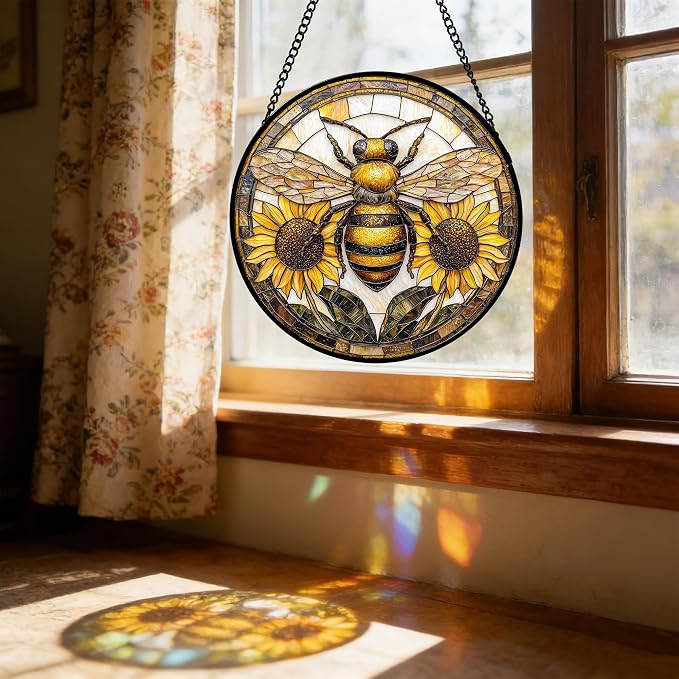 DASTOLL Stained Glass Window Hanging - Bee Sunflower Yellow Suncatcher Ready to Hang Window Doors Home Decoration and Christmas, Mother's Day Birthday Gifts for Women, Men, and Mom 7.8x7.8 in