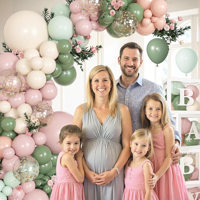 153Pcs Pink and Sage Green Balloon Arch Kit, Baby in Bloom Baby Shower Decorations for Girl Boxes with Letters (A-Z+Baby) for Boho Floral Baby Shower Birthday Gender Reveal Party Supplies