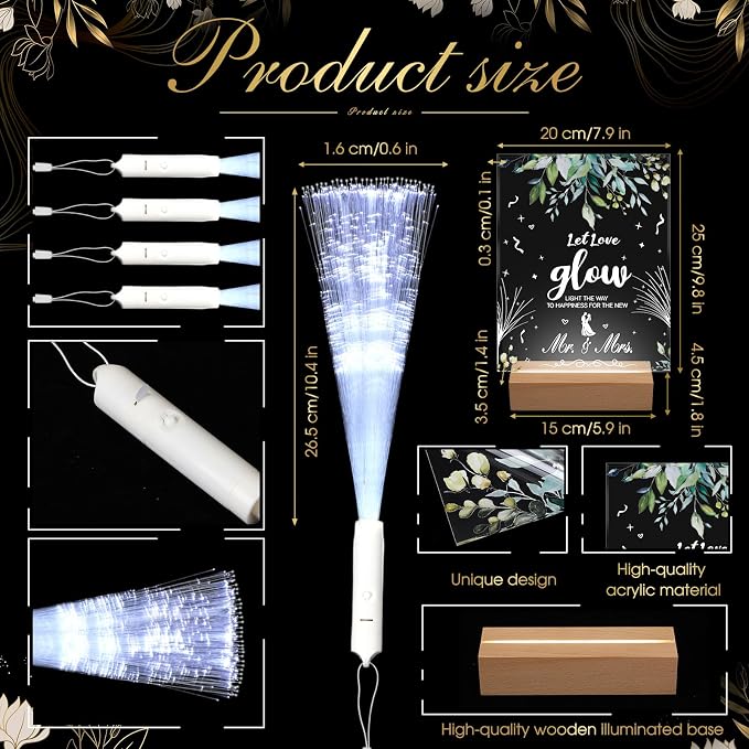 VIHOSE 52 Pcs Wedding Party Favors White Fiber Optic Wands with Acrylic Wedding Table Sign Wooden Illuminated Base LED Fiber Glow Stick Light up Wands for Reception Bridal Shower Party Favors Decor