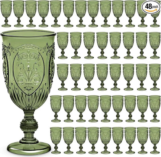 Wiwiqing 48 Pcs Plastic Goblets 7.5oz Vintage Goblet Plastic Wine Glasses Colored Retro Embossed Water Goblets for Wine Bar Juice Baby Shower Wedding Reception Grand Event Party (Olive Green)
