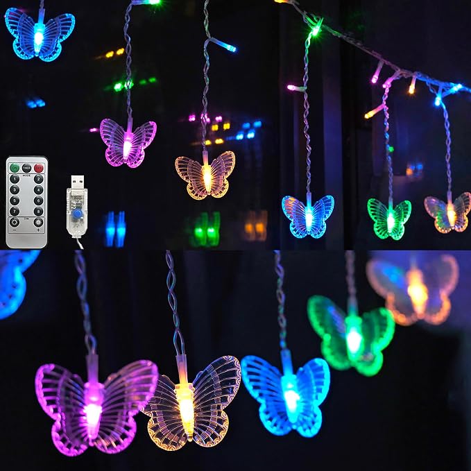 Butterfly Curtain Fairy Lights USB Plug in,8 Modes 120 LED 20FT Firefly Twinkle Timer String Lights with Remote for Bedroom Patio Christmas Wedding Party (Multi-Colored(Pink))