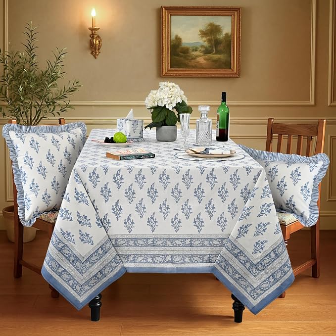Ridhi Block Print Coastal Blue Rectangle Cotton Tablecloth 120" x 60" Reusable Table Cover Decorative Everyday Use for Dining, Farmhouse, Home Gift for Spring, Easter, Valentine