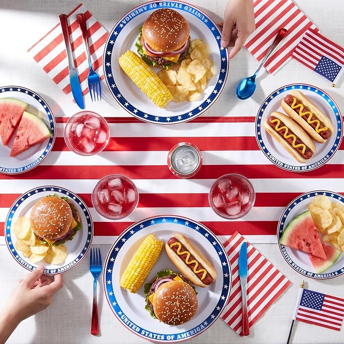 Goodluck 100Pcs 4th of July Plastic Plates, 50 10.25" Dinner & 50 7.5" Dessert Plates, Patriotic Red White and Blue Tableware with USA Flag Design for Independence Day BBQ
