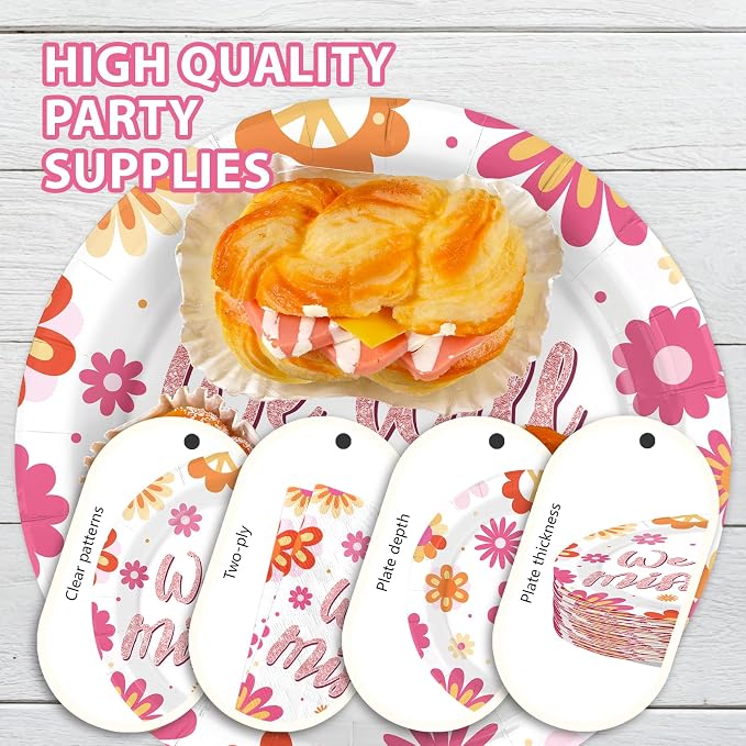 96Pcs Pink Daisy Farewell Party Supplies We Will Miss You Plates and Napkins Groovy Flowers Tableware Set for Boho Hippie Goodbye Office Retirement Going Away Party Decor, Serves 24