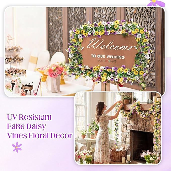8 Pcs 6 ft Artificial Flowers Wisteria Garland-Total 48 ft Fake Hanging Wisteria Flowers Green Vines Garlands, Faux Flower Daisy with Eucalyptus Leaves for Garden Decor (Mixed 3 Colors)
