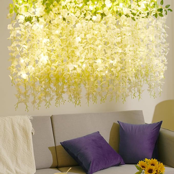 12Pcs Artificial Wisteria Hanging Flowers with Lights, 3.6Ft/Pcs White Fake Wisteria Garland for Wedding Party Home Garden Indoor Outdoor Decoration
