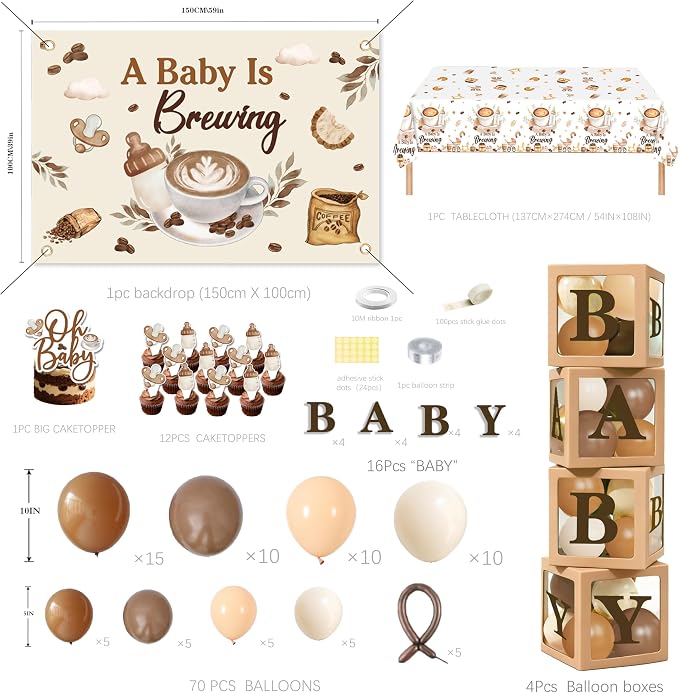 A Baby Is Brewing Baby Shower Decorations - Coffee Theme Party Supplies Include Balloon Garland Arch, Backdrop, Tablecloth, 4 Boxes, Cake Toppers - Neutral Brown Latte Decor