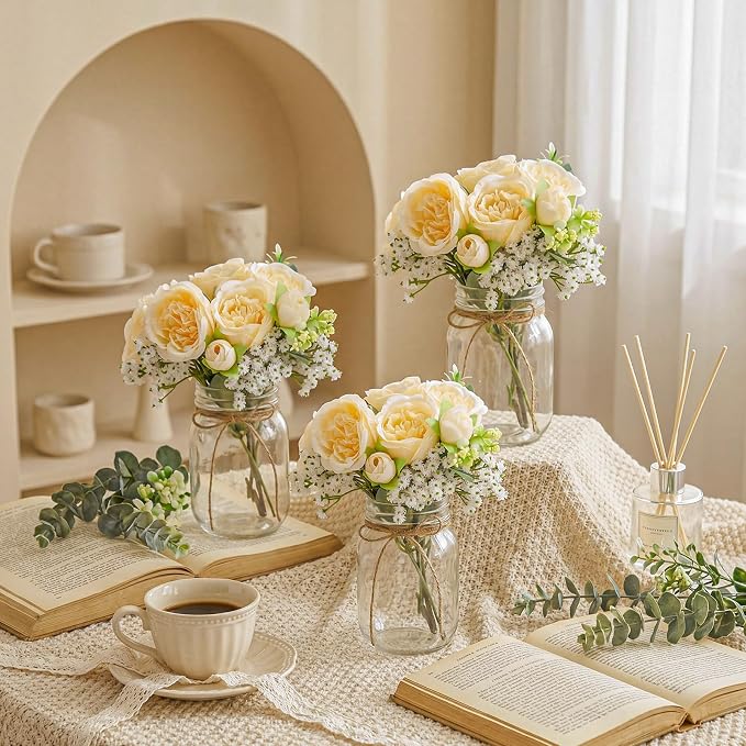 XunYee 10 Set Mason Jar Table Centerpiece with Flower Mason Jar Flower Centerpiece Vases Decor for Engagement Party Bridal Shower Wedding Reception Table Decor (Champagne,Peony, Gypsophila)