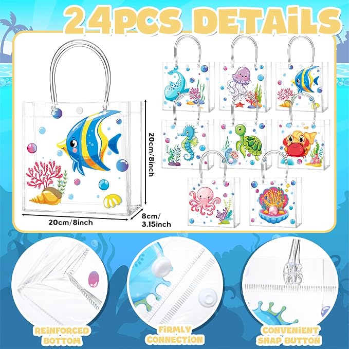 Teenyyou 24 Pcs Sea Animal Party Favor Bags PVC Clear Ocean Gift Bags with Handle for Birthday Party Supplies