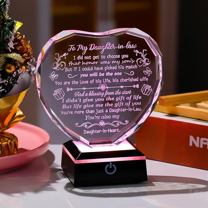 Arikyrist Daughter in Law Birthday Gifts Heart Crystal Keepsake for Daughter-in-Law with LED Light Base Daughter in Law Gifts from Mother in Law on Christmas Wedding Anniversary