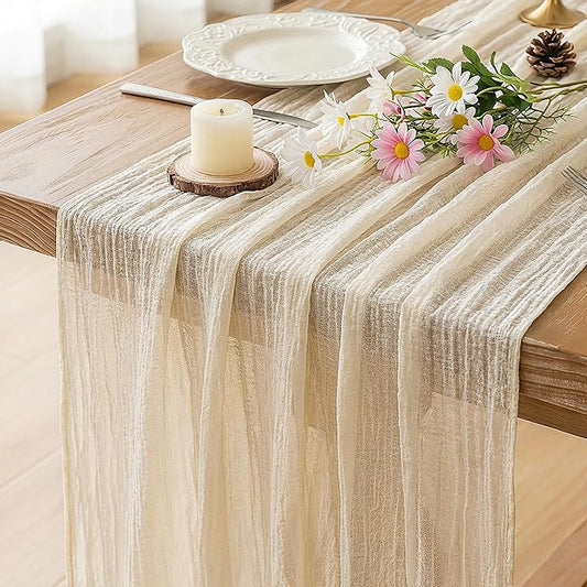 FEXIA Beige Table Runner Ivory Cheesecloth Table Runner 30x118 Inches Rustic Gauze for Easter Decor Wedding Baby Shower Bridal Shower First Communion Home Decorations