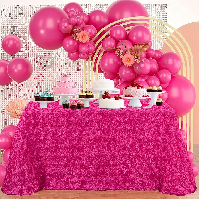 Fanqisi Party Hot Pink Table Cloth: 3D Floral Raised Rosettes Tablecloth - Rectangular 90x132 Inches Satin Tablecloth for Bridal Shower Meeting Events Decoration