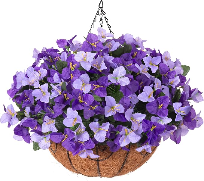 Artificial Hanging Flowers Plant with Basket for Outdoors, Silk Bougainvillea in Planters Faux Hanging Plants for Outdoor Look Real UV Resistant Flower for Outside Porch Patio Garden Home Decor, Mix