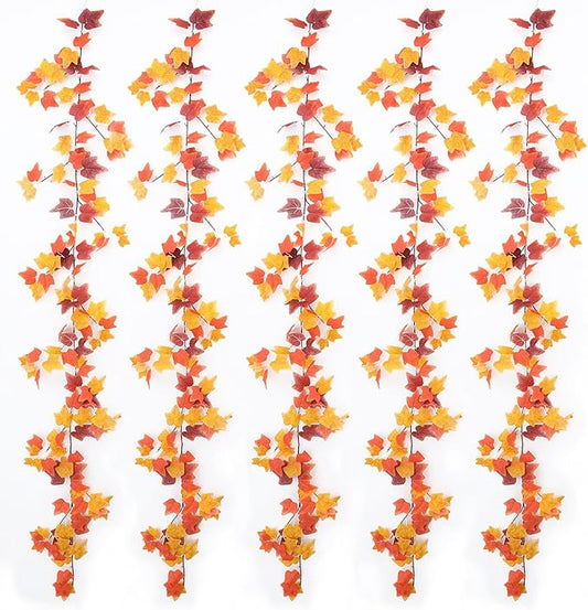 mizii 5 Packs 360" Artificial Vines Fall Ivy Garland Fake Vine Realistic Silk Leaves Faux Hanging Plants Greenery Decoration for Outdoors Wedding Party Indoor Mantle Bedroom Fall Decor (Fall Ivy)