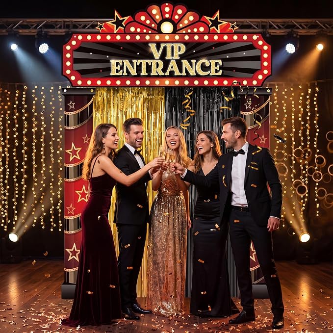 Peryiter 5 Pcs Casino VIP Entrance Movie Night Party Decorations Film Theme Door Banners Gold Black Tinsel Curtains, Double Sided Tape for Las Vegas Party Decorations Movie Night Film Supplies