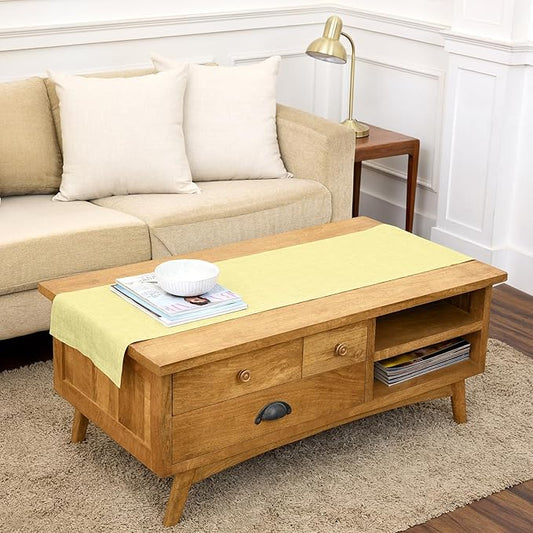 Solino Home Linen Small Table Runner 60 Inches - Athena, 100% Pure Linen Chambray Yellow Table Runner 14 x 60 Inch Ideal for Dresser and Coffee Tables, Spring, Summer, Mothers Day