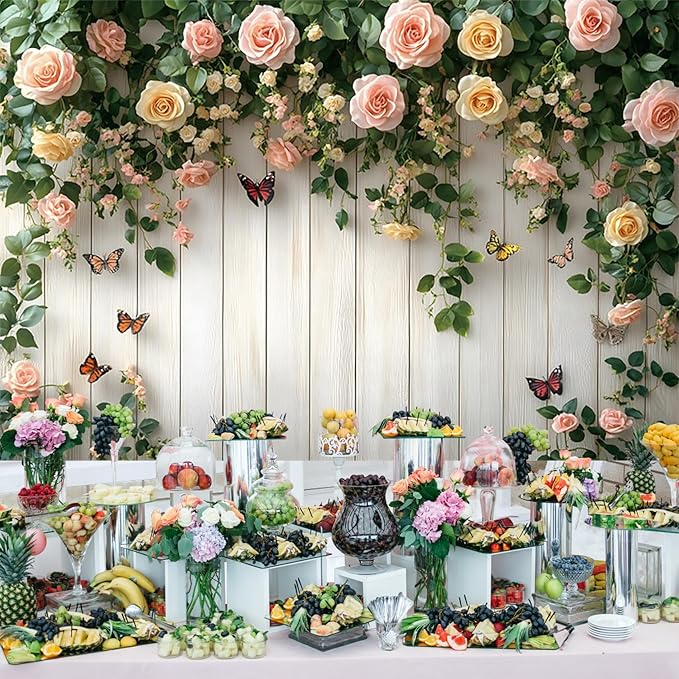 Baocicco 15x10ft Wooden Flower Backdrops for Photography Spring Botanical Green Leaf Butterfly Farmhouse Background for Engagement Bridal Shower Baby Shower Birthday Wedding Party Decoration Supplies