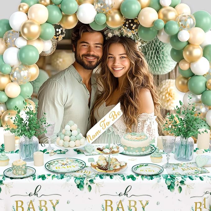 Sage Green Baby Shower Decorations, Greenery Tableware Party Supplies with Paper Plates Napkins Forks for 20 Guests Balloon Arch Kit Oh Baby Backdrop Tablecloth Cake Topper