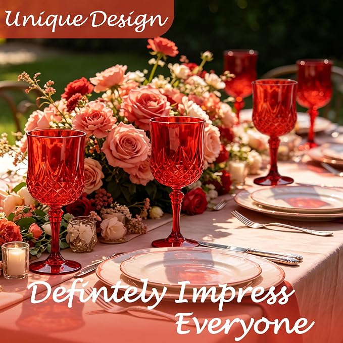 Plastic Wine Glasses, Plastic Goblets Vintage Style Cordial Unbreakable Drinking Glasses, Reusable Drinkware for Wedding Reception, Grand Event Party Supplies (12, Red)